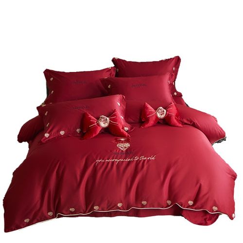 高端简约中式婚庆红色100s长绒棉四件套全棉新婚雅婚陪嫁床上用品