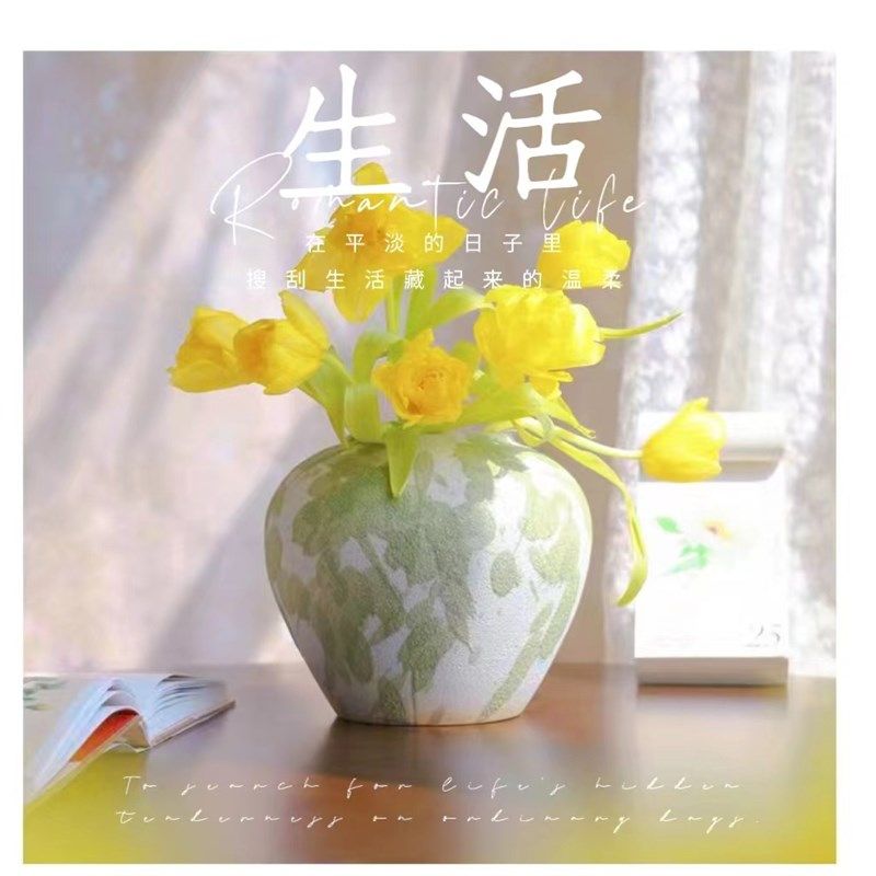 景德镇陶瓷花盆复古侘寂风陶罐粗陶花瓶摆件客厅插花大口径可打孔