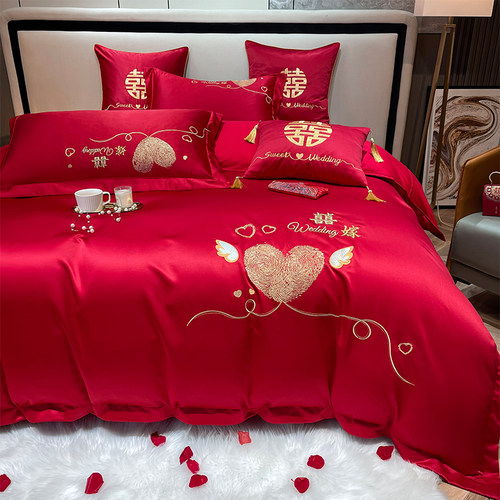 新婚庆四件套纯棉全棉大红色高档简约刺绣结婚房喜被床笠床上用品
