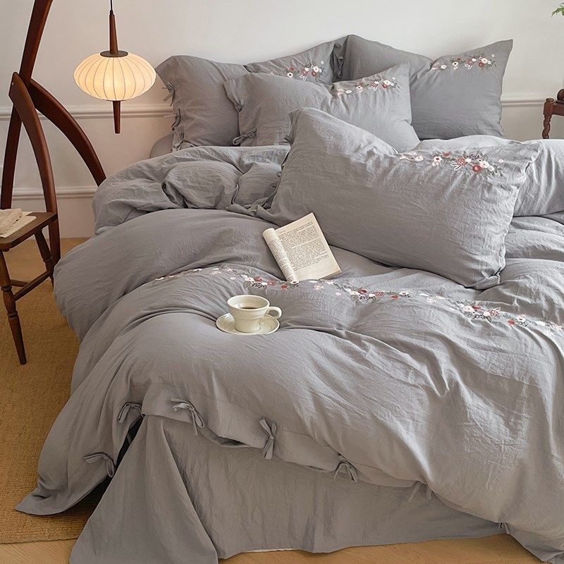 特价款纯棉床上四件套柔软裸睡全棉刺绣花被套被罩绑带款床笠日式