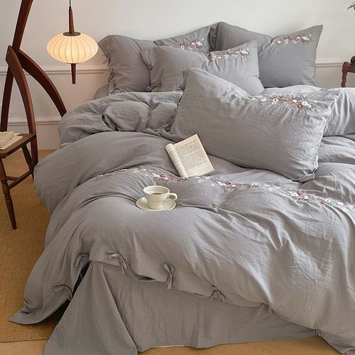 特价款纯棉床上四件套柔软裸睡全棉刺绣花被套被罩绑带款床笠日式