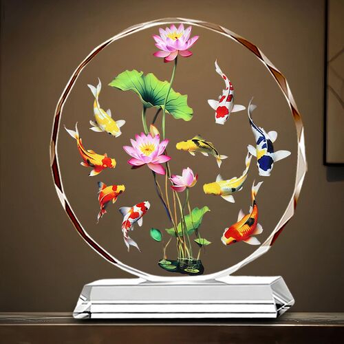 九鱼图连年有余水晶摆件家居装饰品乔迁开业客厅玄关荷花鲤鱼摆台