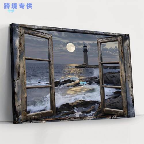 1pc Wooden Framed Canvas Painting Coastal Lighthouse帆布画