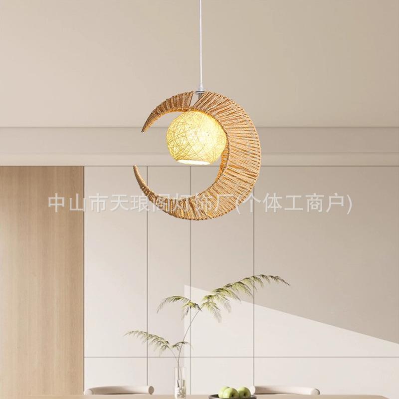 餐厅吊灯日式原木风个性创意月亮环保纸绳手工编禅意民宿吧台吊灯