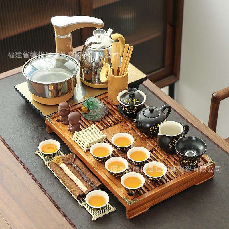 实木茶盘套装陶瓷功夫紫砂玻璃茶具茶杯整套带电磁炉家用茶台茶海
