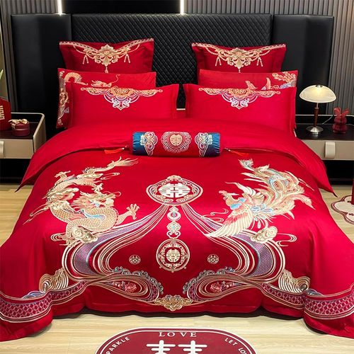 婚庆四件套大红龙凤刺绣结婚被套新房嫁礼喜庆被罩床上用品六件套