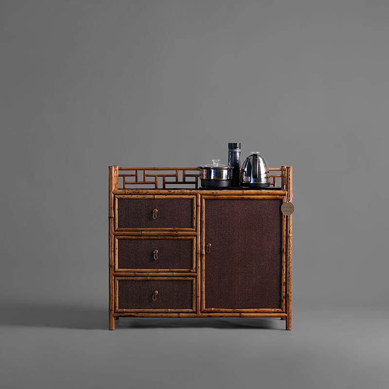 复古梅鹿竹制茶水柜小茶柜茶边柜置物架竹家用烧水壶一体柜客厅
