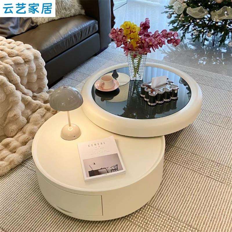 奶油风茶几组合客厅钢化玻璃创意设计师感小户型轻奢圆形茶桌