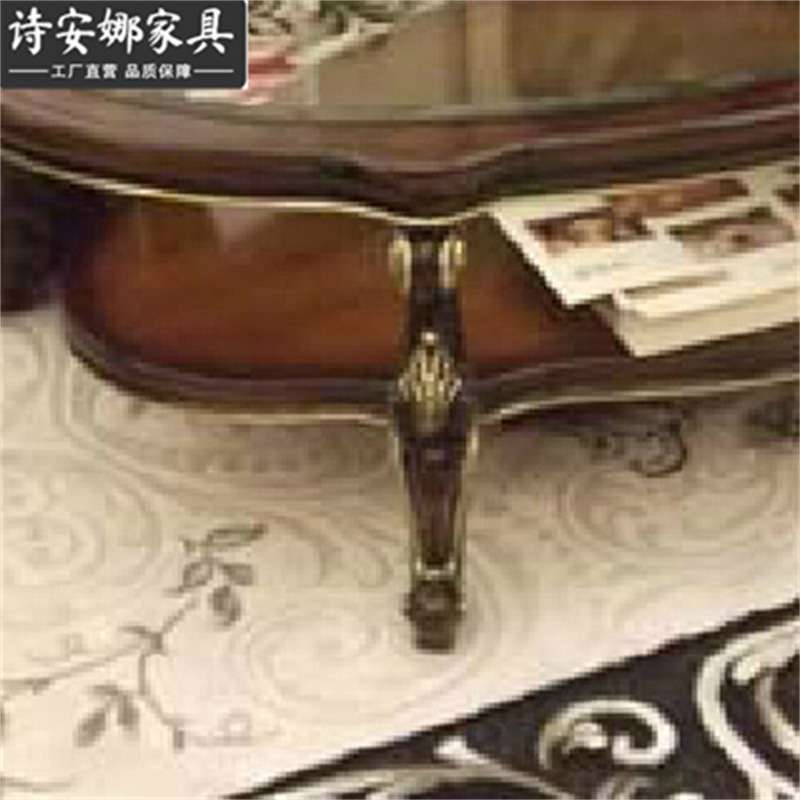 新古典客厅家具 实木雕刻茶台 玻璃咖啡桌 椭圆双层茶几