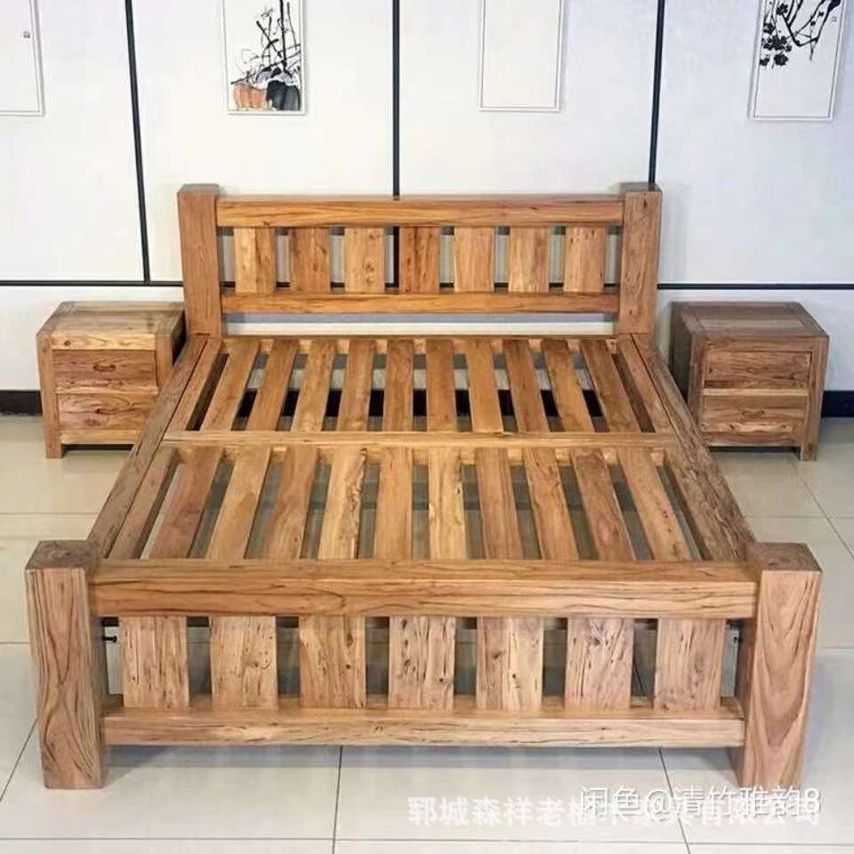 老榆木高脚床全实木平板床原木卧室双人床榫卯结构中式床家具
