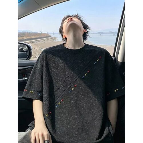 美式刺绣落肩宽松短袖T恤男