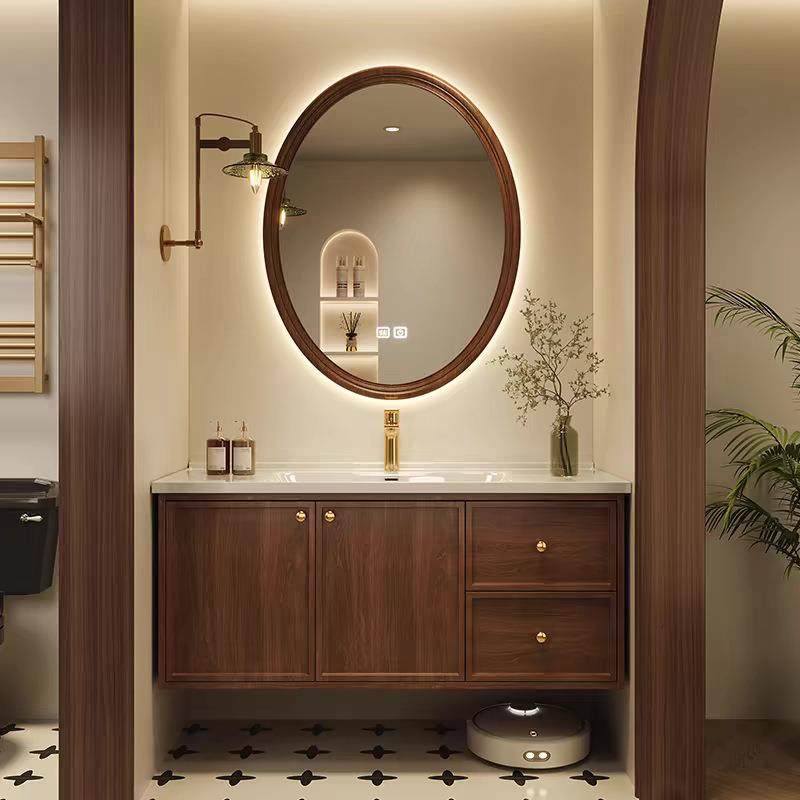 中古风浴室柜红橡木组合卫生间陶瓷一体盆洗手洗脸洗漱台新中式