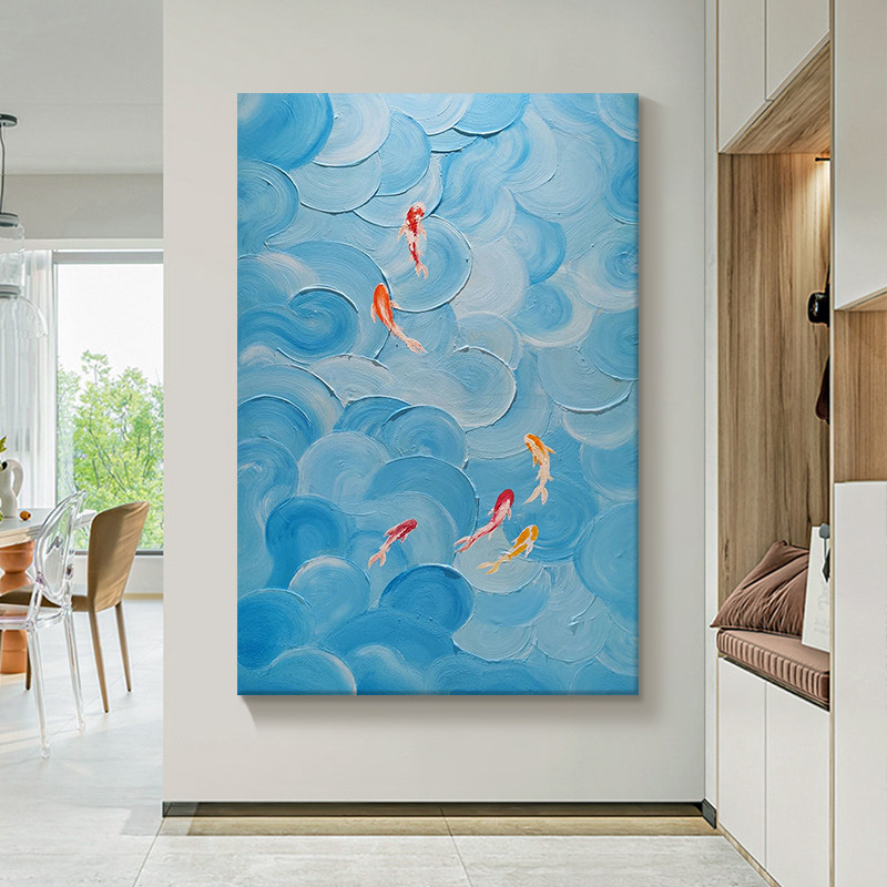 玄关抽象锦鲤手绘油画客厅立体蓝色海浪肌理画丙烯九鱼图装饰挂画,家居饰品,油画,淘宝优惠券,粉丝福利购,淘宝优惠卷