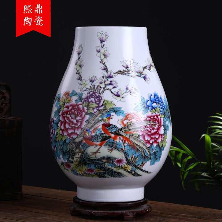 陶瓷花瓶摆件新中式粉彩花鸟福筒花插柜台工艺品软装摆设