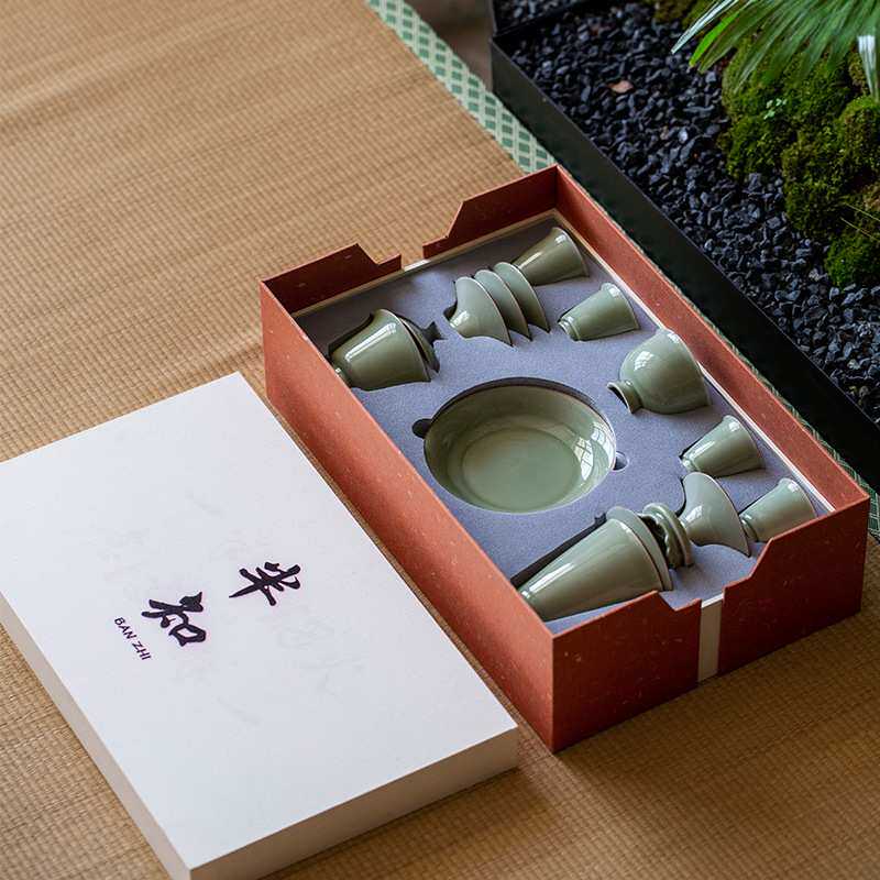 秘色釉青瓷茶具礼盒大套组复古陶瓷盖碗茶杯杯垫整套家用功夫茶具