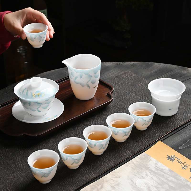 手绘荷花冰种玉瓷茶具套装中式整套礼盒装德化白瓷功夫盖碗送礼