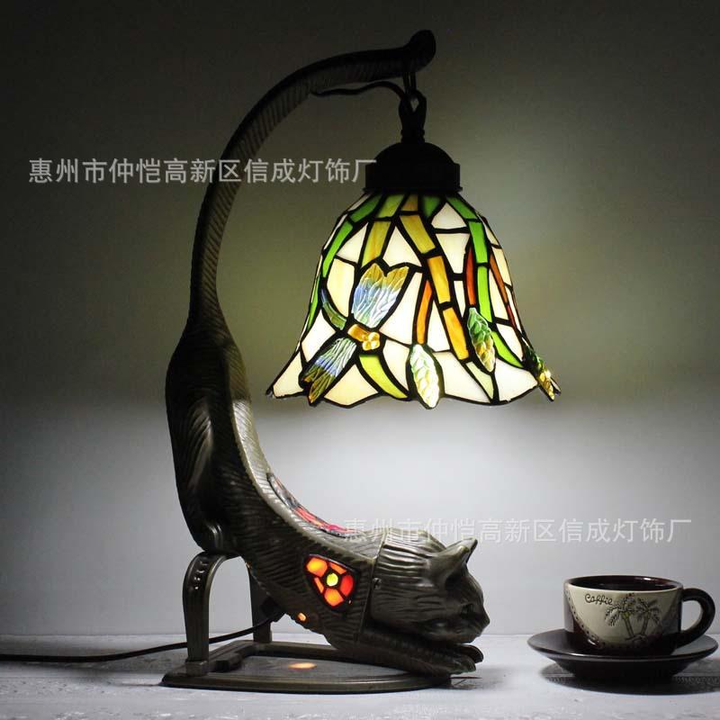跨境蒂凡尼竹节蜻蜓玻璃焊接台灯欧式复古装饰小猫合金底座小夜灯