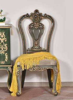 美式乡村全实木餐椅桦木双面雕花凳子炭灰色家用靠背椅轻奢复古风