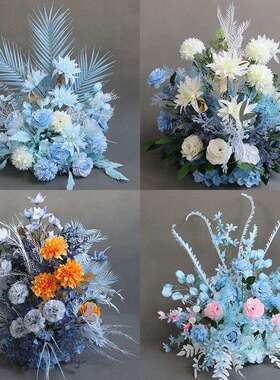 婚庆路引花蓝色系盆花T台舞台背景迎宾花艺婚礼堂花点宴会厅