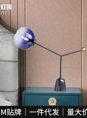 艺术高级蓝色玻璃创意简约台灯设计师卧室床头灯大理石装饰台灯