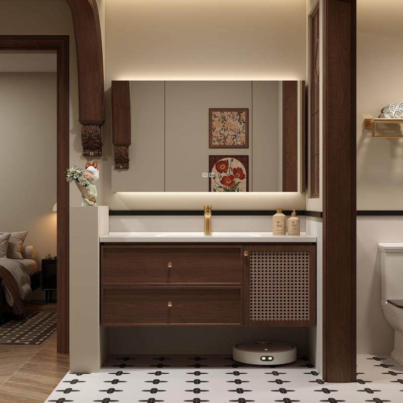 中古风法式复古藤编浴室柜组合陶瓷一体盆橡木实木卫生间洗漱台