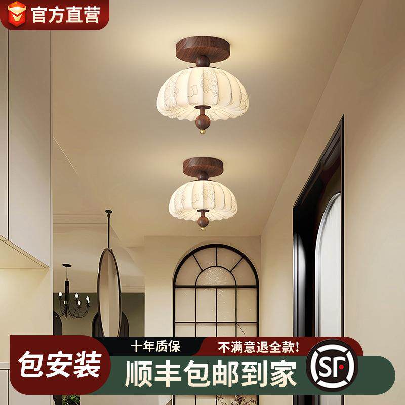 中山家装灯饰布艺床头小吊过道灯宋式美学中古法式奶油木艺灯具