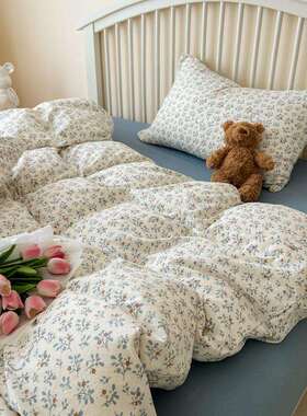 简约蓝色碎花小兔云感双层纱女生宿舍1.5床单笠被套三四件套1.8m