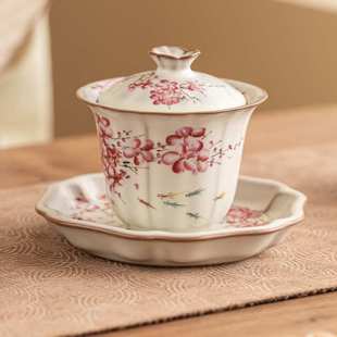 猪油冻梨花三才盖碗女士茶具功夫泡茶碗高档汝窑开片可养茶碗带盖