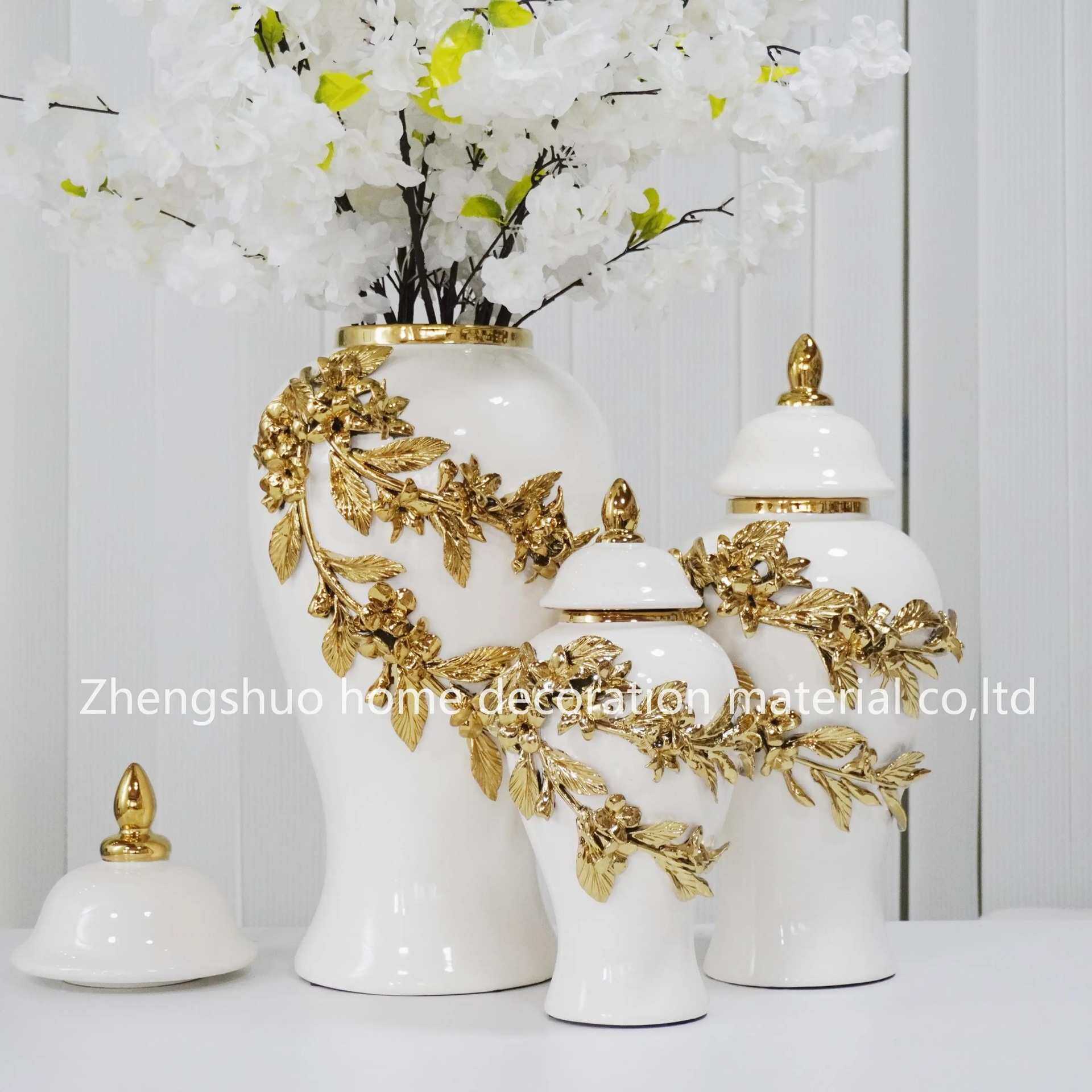 欧式轻奢手工贴花电镀金色将军瓶客厅酒店玄关插花摆件工艺装饰品