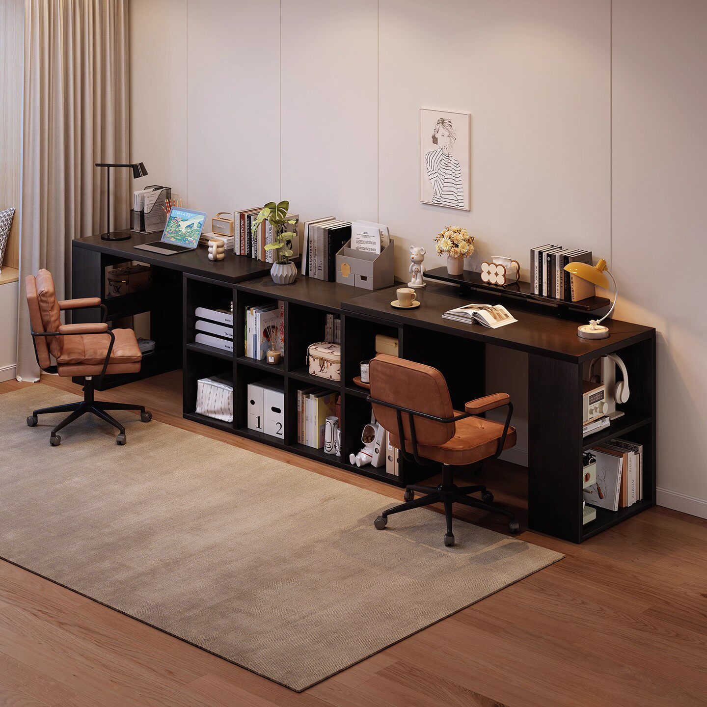 黑色转角书桌书柜一体靠墙书桌双人台式电脑桌书房学习桌子工作台