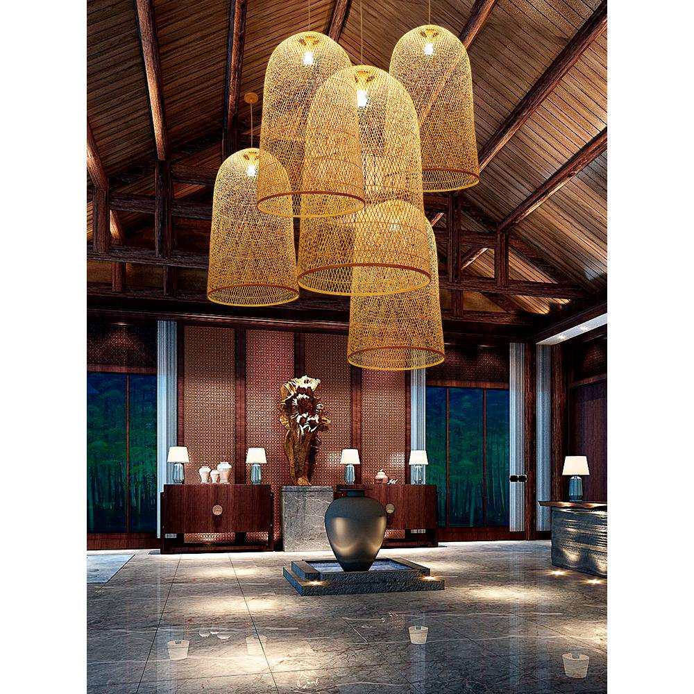 艺术灯新中式竹编大吊灯餐厅酒店茶楼大堂竹艺复式楼梯客栈禅意长