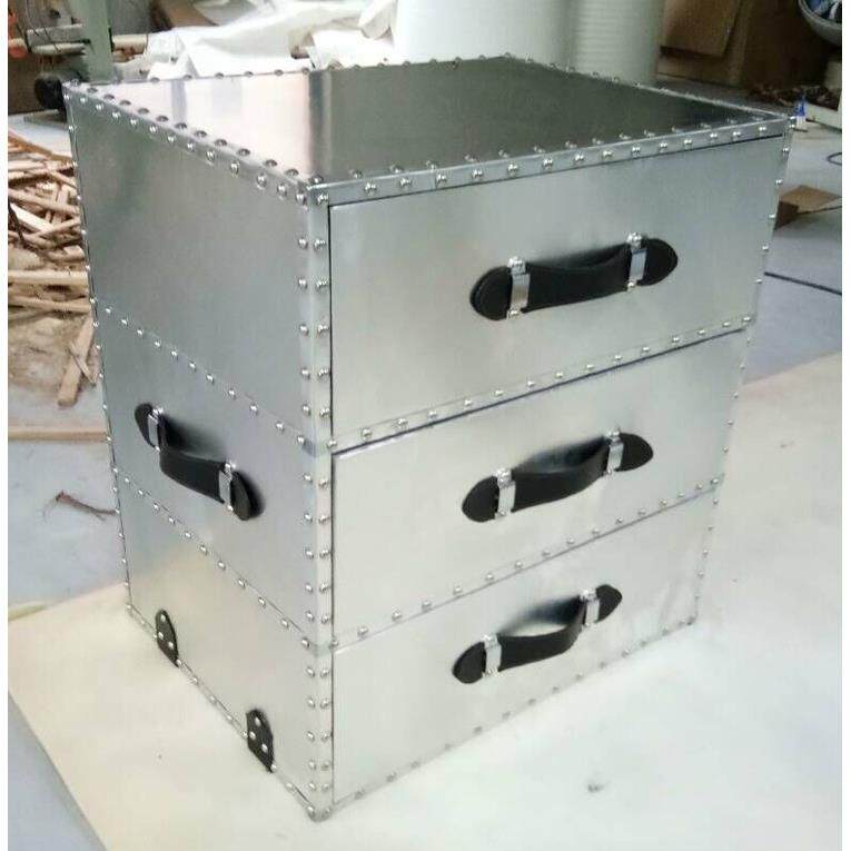 美式loft复古造型做旧储物装饰收纳柜创意床头抽屉铝皮三斗柜箱子