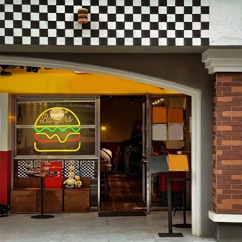 霓虹汉堡美食灯 ‘ENJOY OUR Burgers’创意招牌 汉堡店场景布置