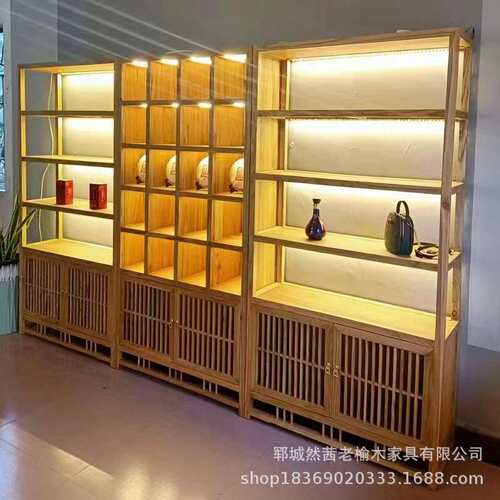 老榆木博古架中式多宝阁茶杯架实木客厅装饰满墙分格酒茶具博古架