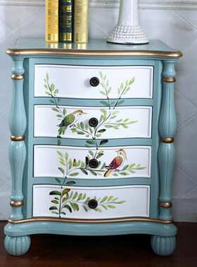 至高美式乡村蓝色床头柜储物柜复古彩绘实木四斗柜地中海家具