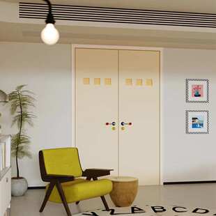 柯布西耶小黄门中古风房门卧室门厨房卫生间烤漆门鹅黄双开实木门