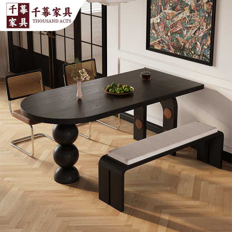 千慕法式复古实木餐桌半椭圆饭桌定制小户型餐桌椅子一套客厅书桌