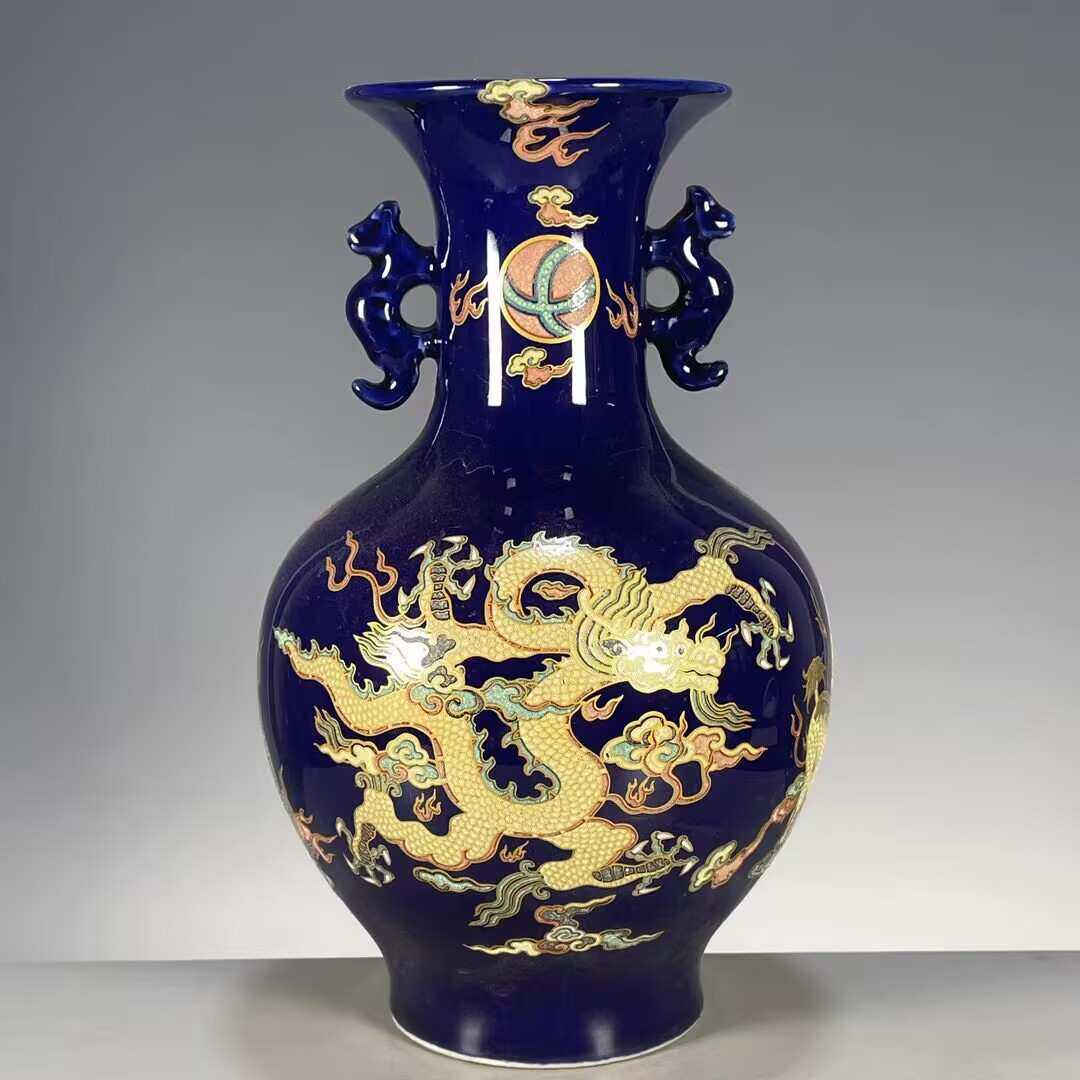 元代霁蓝釉彩绘五彩龙纹象耳瓶一对内府官窑仿古瓷器古玩收藏摆件