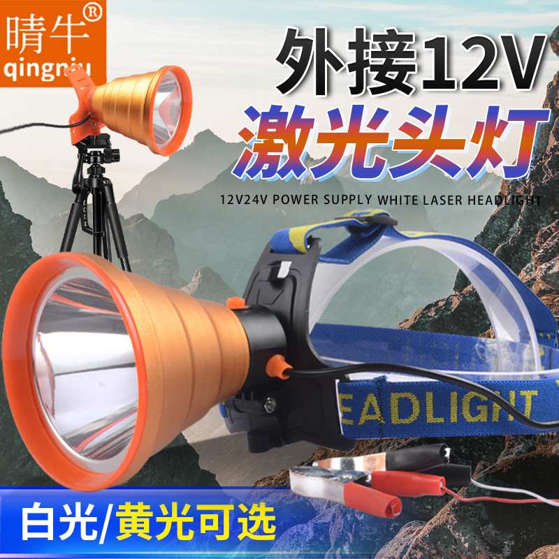 强光头灯外接12V电源户外超亮安保巡逻野外露营黑坑夜钓鱼照明灯