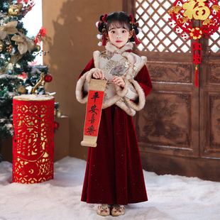 新中式中国风红色汉服女童唐装旗袍儿童秋冬季加厚保暖套装拜年服