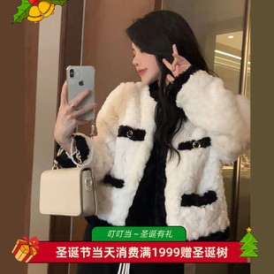 小香风黑色羊羔毛绒外套女春秋冬季高级设计感小众炸街毛茸茸上衣