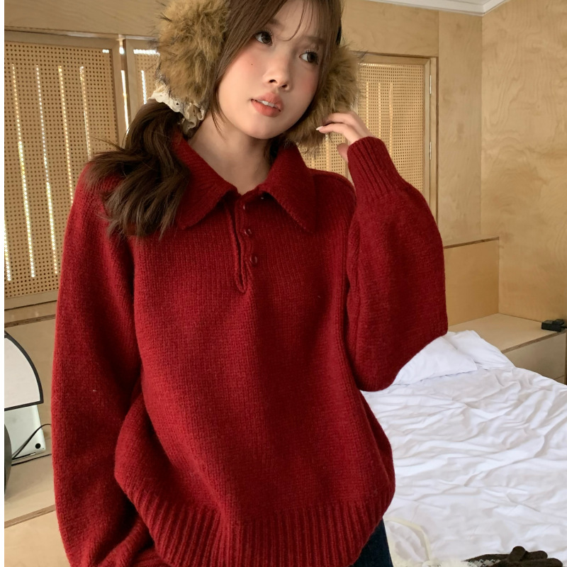 轻甜奶油 韩代翻领毛衣系扣长袖针织衫女宽松百搭上衣