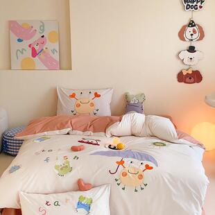 少女心纯棉水洗棉四件套全棉花边被套公主风儿童女孩床单床上用品