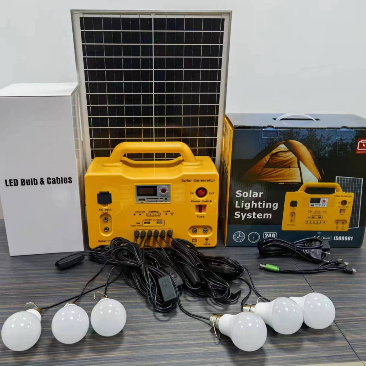 新50W低价便携式太阳能锂电池发电机家用系统配3W/5WLED灯