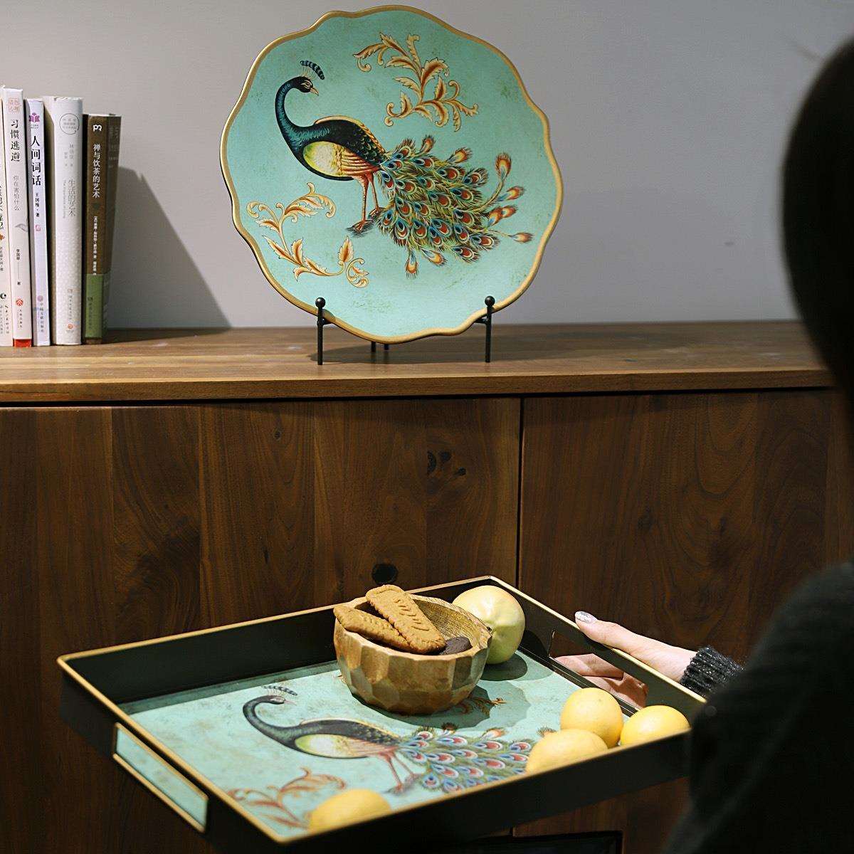 复古美式陶瓷摆盘装饰品客厅摆件玄关看盘家居软装工艺品孔雀盘子