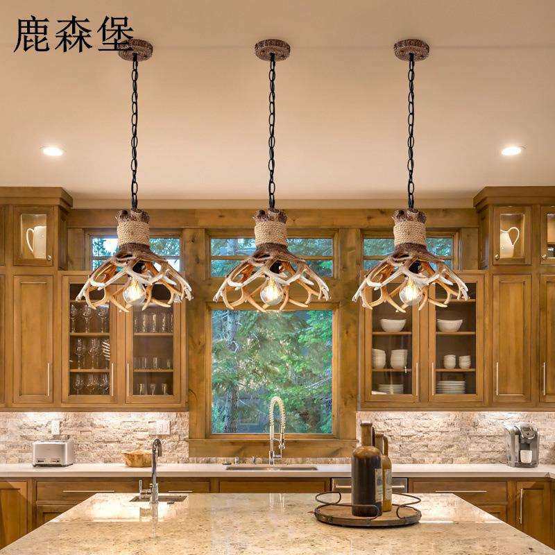 餐厅灯美式复古吧台厨房卡座岛台吊灯北欧创意咖啡厅民宿鹿角灯