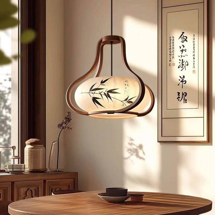 宋式美学家居竹叶实木灯笼布艺吊灯水墨画餐厅灯茶室卡座卧室用灯