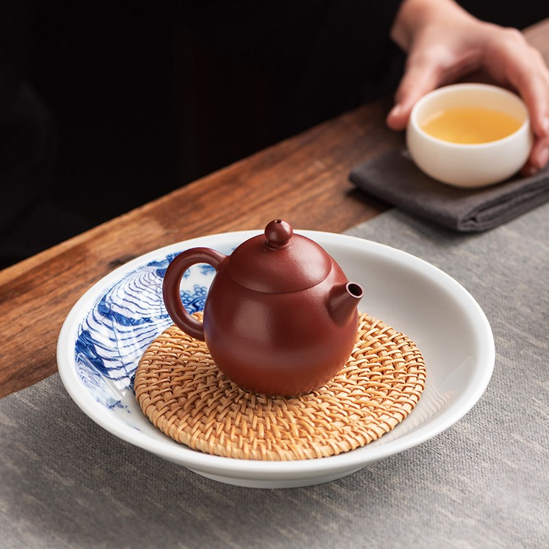 青花瓷壶承蓄水陶瓷壶托底座藤编养壶垫茶道茶具盖碗干泡茶承托盘