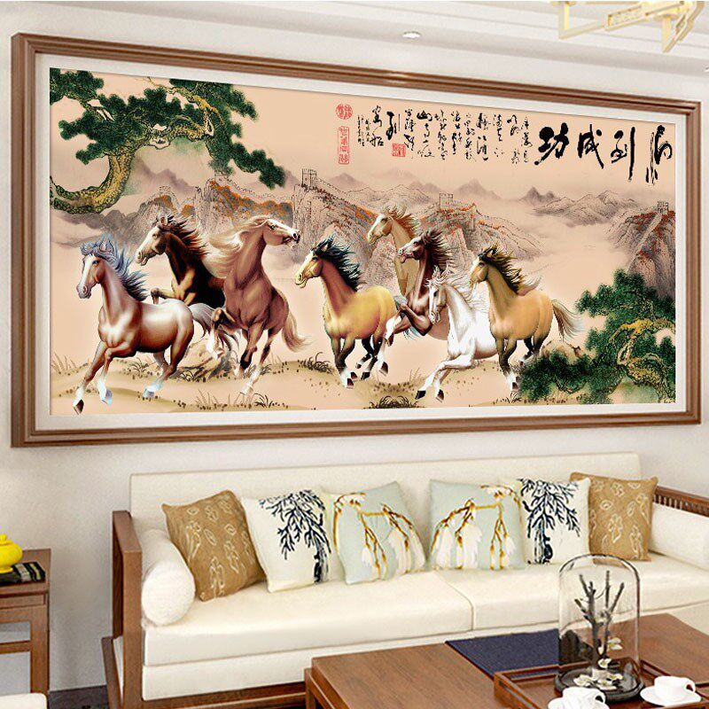 八骏图十松绣线绣新款山八风景国画马到成功水匹马迎客字满绣办公