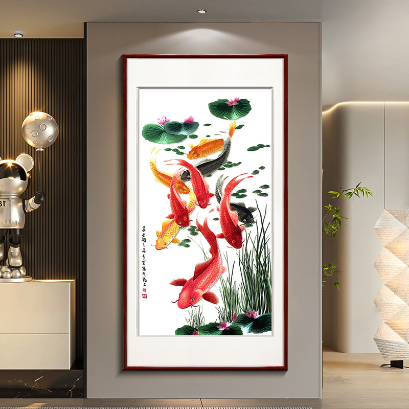 九鱼图苏绣成竖挂画壁户玄关过道中式装饰画客厅品版入画墙画刺绣